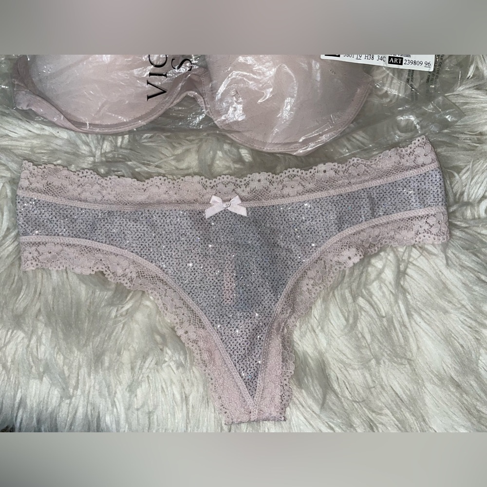Victoria Secret Shine Strap Bra VS Taupe Shine Strap Rhinestone Panty Set 🆕 🪩 - Picture 12 of 13